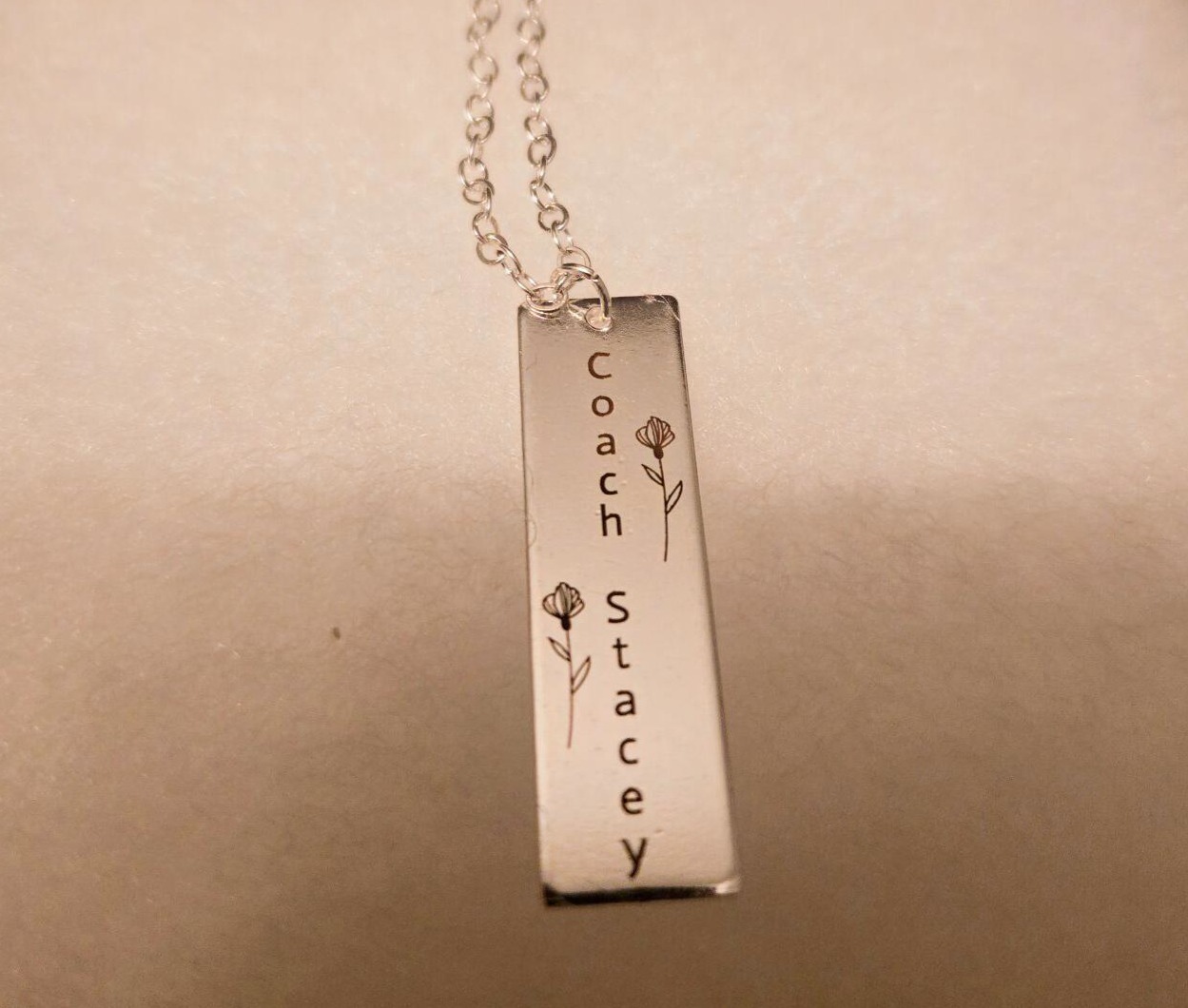 Custom silver engraved rectangle necklace pendant on chain