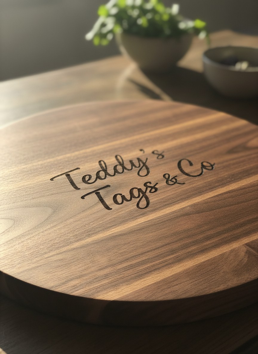 A close-up of a wooden cutting board with laser-engraved text reading "Teddy's Tags & Co" in a clean, elegant script, centered on the board. Warm, natural lighting, product-photography style, shallow depth of field, emphasizing the engraving detail.