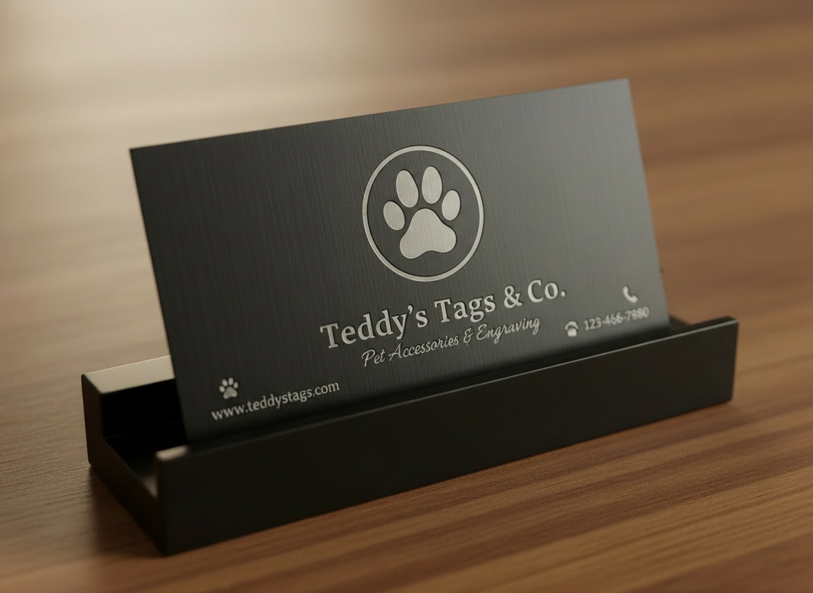 Edit the existing image of the dark brushed-metal Teddy's Tags & Co business card in the holder so that the animal logo on the card is replaced with a clean, engraved paw print icon. Keep the same card, holder, text layout, lighting, angle, depth of field, and overall composition—only swap the bear/dog illustration for a simple, bold paw print mark that fits naturally in the same logo area.