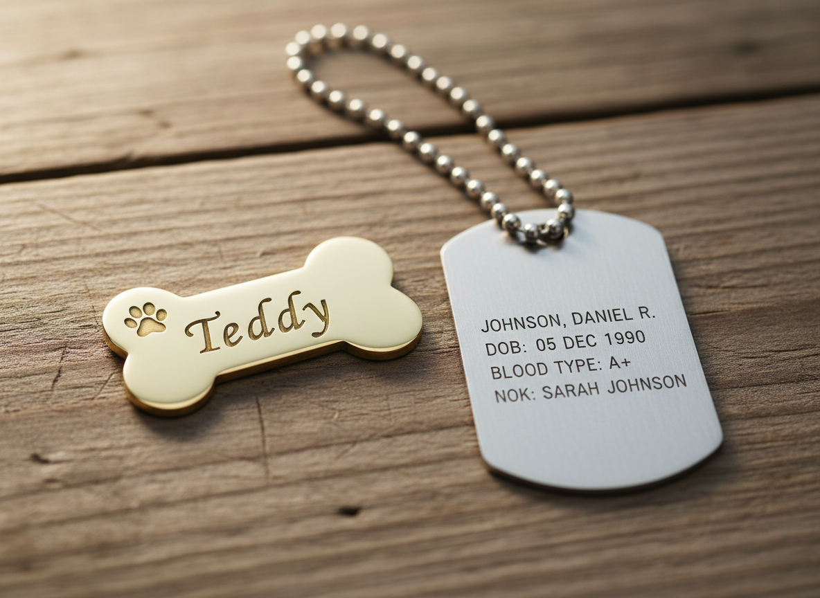 Photorealistic close-up of two engraved metal tags on a rustic wooden surface: one is a polished bone-shaped pet tag with a small paw print icon and the name "Teddy" cleanly engraved, the other is a brushed-metal military-style dog tag (like a human ID tag) on a ball chain with precise, laser-engraved text. Warm, soft lighting, shallow depth of field, with the focus on the engraved details to showcase laser engraving quality. No prices or text overlays, just the tags themselves.